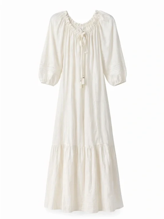 NWT A Loves A Cream Cotton Maxi Dress Boho Peasant Tiered Lace Trim 100% Cotton - Picture 2 of 9